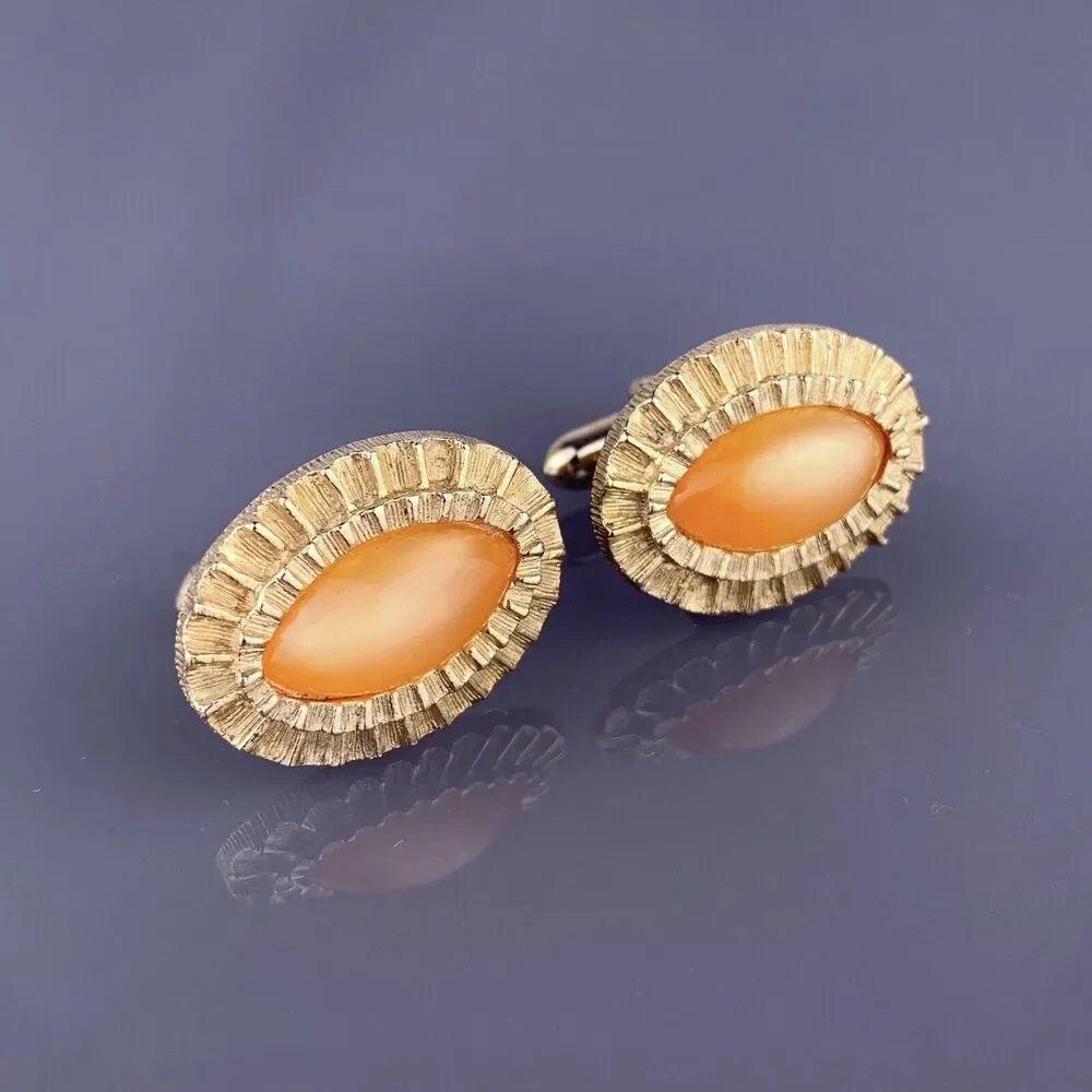 Orange Cabochon Cats Eye Cufflinks Gold Tone Mid Century Modernist Vintage